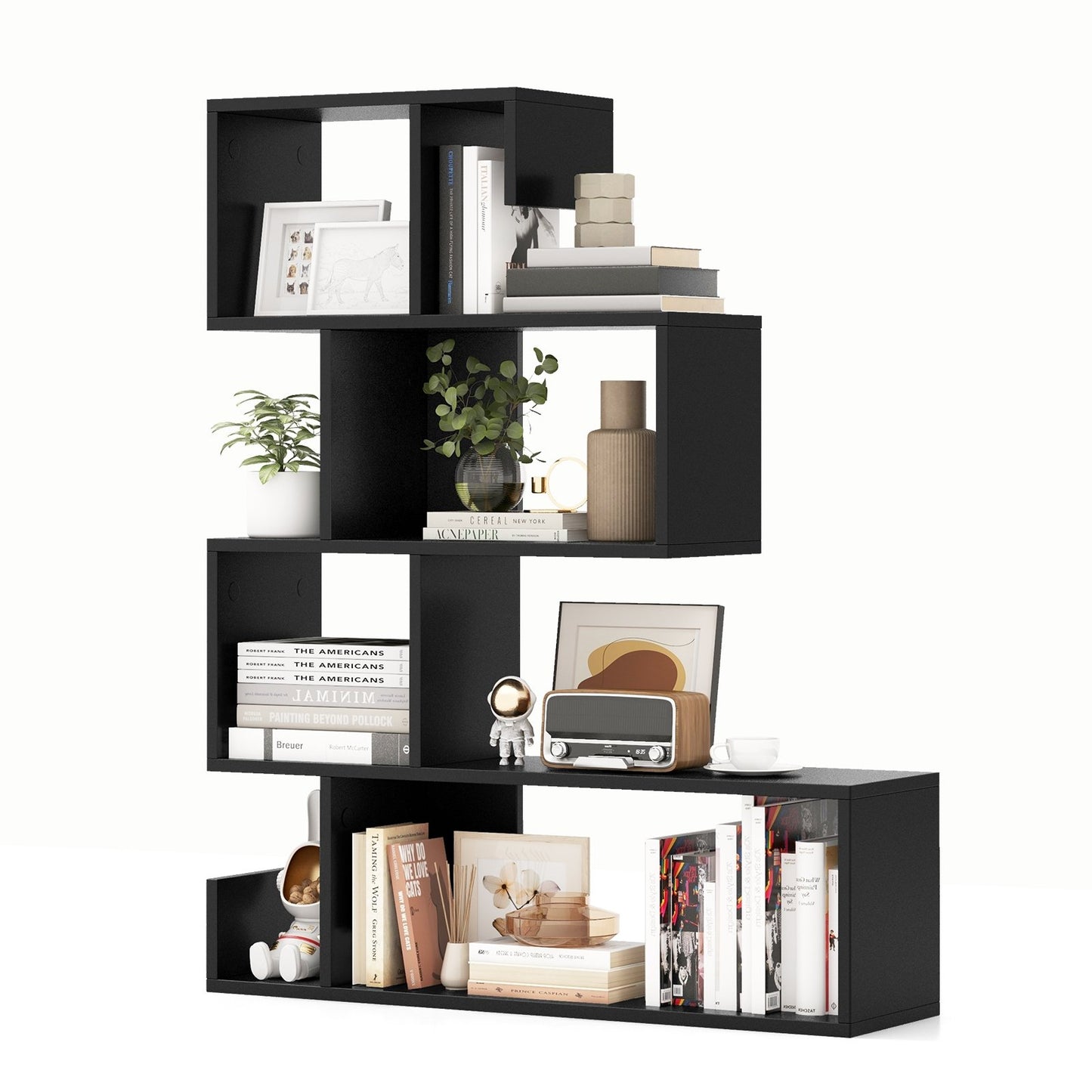 5-Tier S-Shaped Bookshelf Geometric Z-Shelf Bookcase with Open Cubes, Black - Gallery Canada