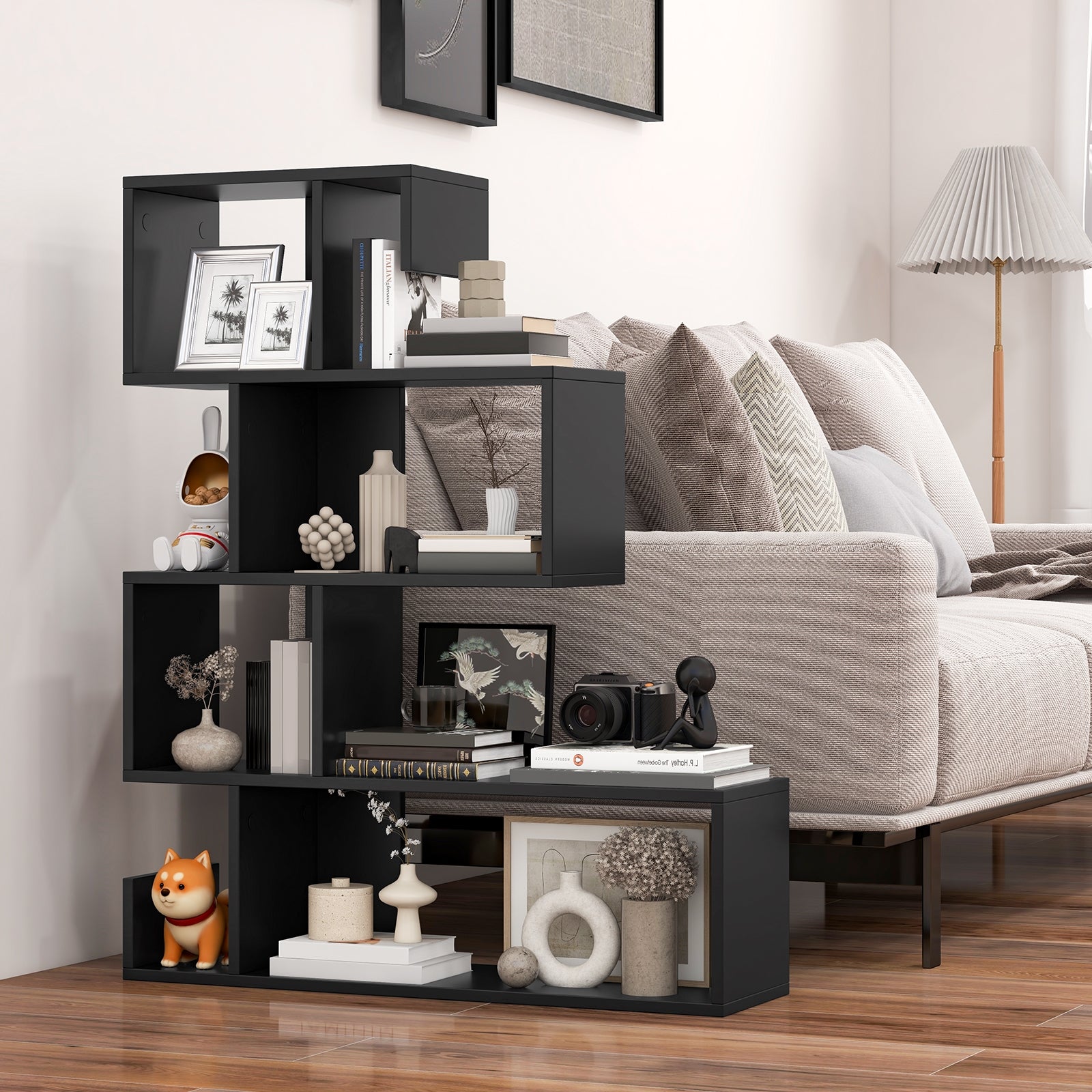 5-Tier S-Shaped Bookshelf Geometric Z-Shelf Bookcase with Open Cubes, Black Bookcases at Gallery Canada