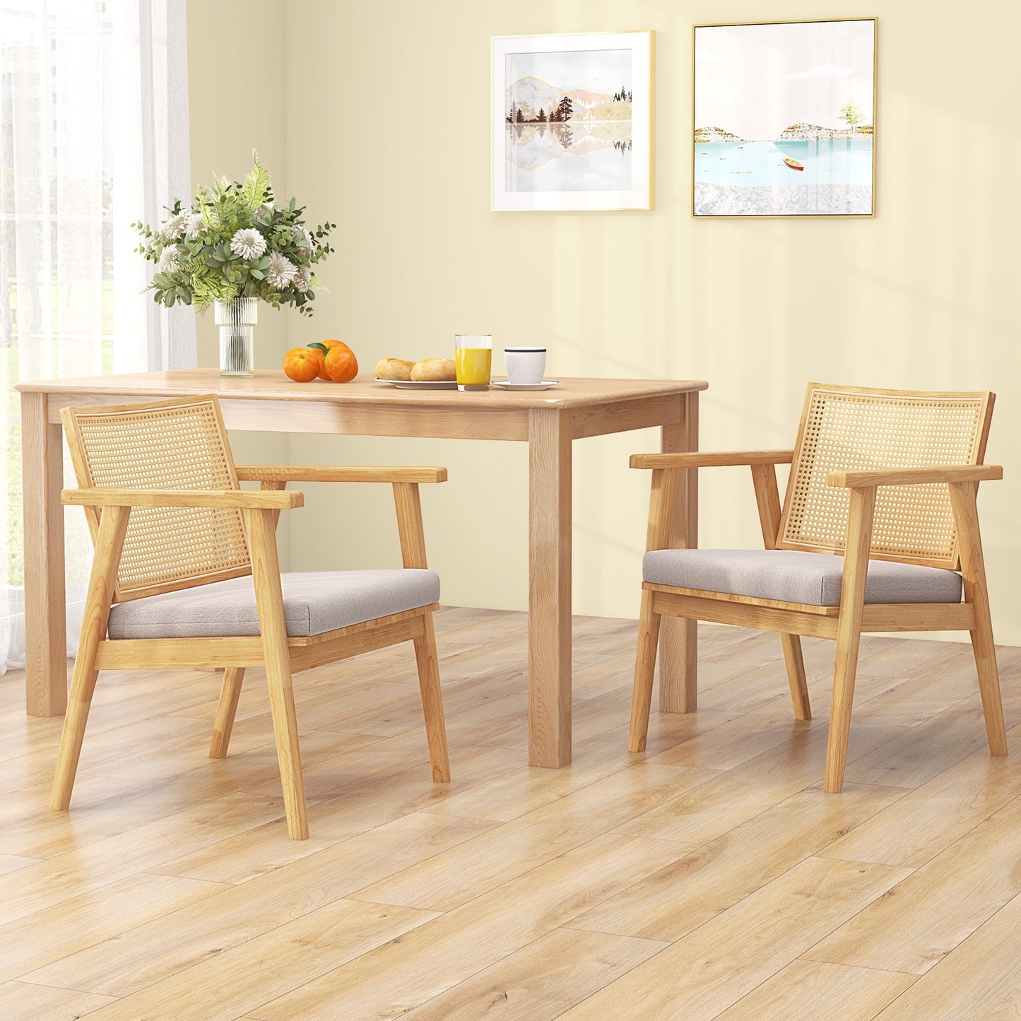 Mid Century Modern Accent Chairs Set of 2 with Breathable Rattan Back, Natural Dining Chairs at Gallery Canada