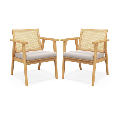 Mid Century Modern Accent Chairs Set of 2 with Breathable Rattan Back, Natural