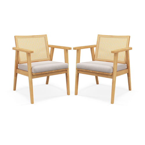 Mid Century Modern Accent Chairs Set of 2 with Breathable Rattan Back, Natural