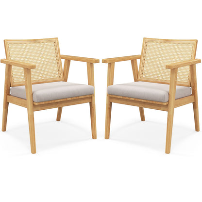 Mid Century Modern Accent Chairs Set of 2 with Breathable Rattan Back, Natural
