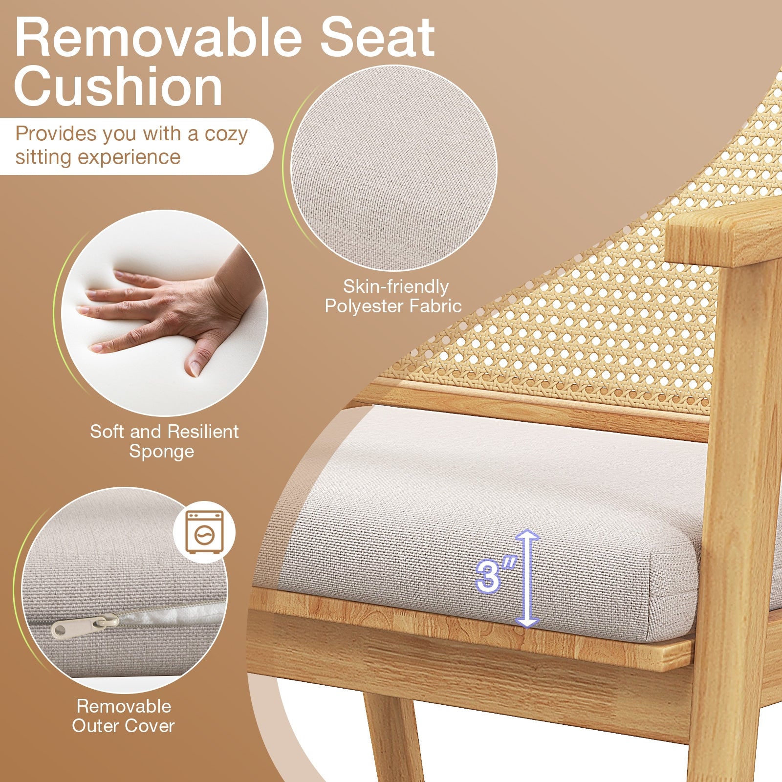 Mid Century Modern Accent Chairs Set of 2 with Breathable Rattan Back, Natural Dining Chairs at Gallery Canada