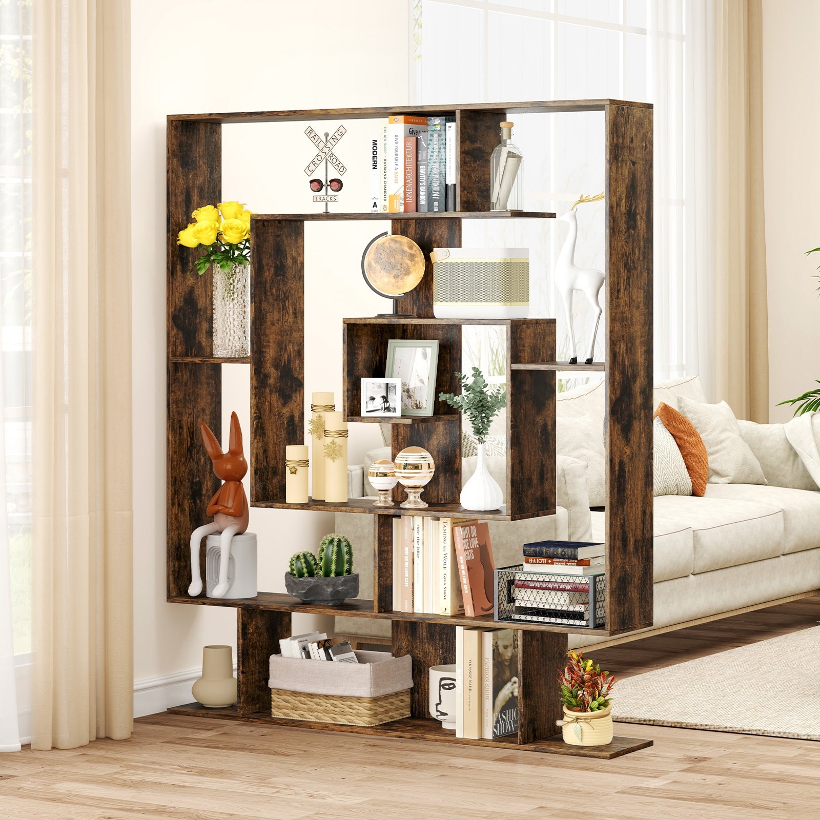 7-Tier Bookshelf Open Display Shelf Rack for Home Office, Rustic Brown Bookcases at Gallery Canada