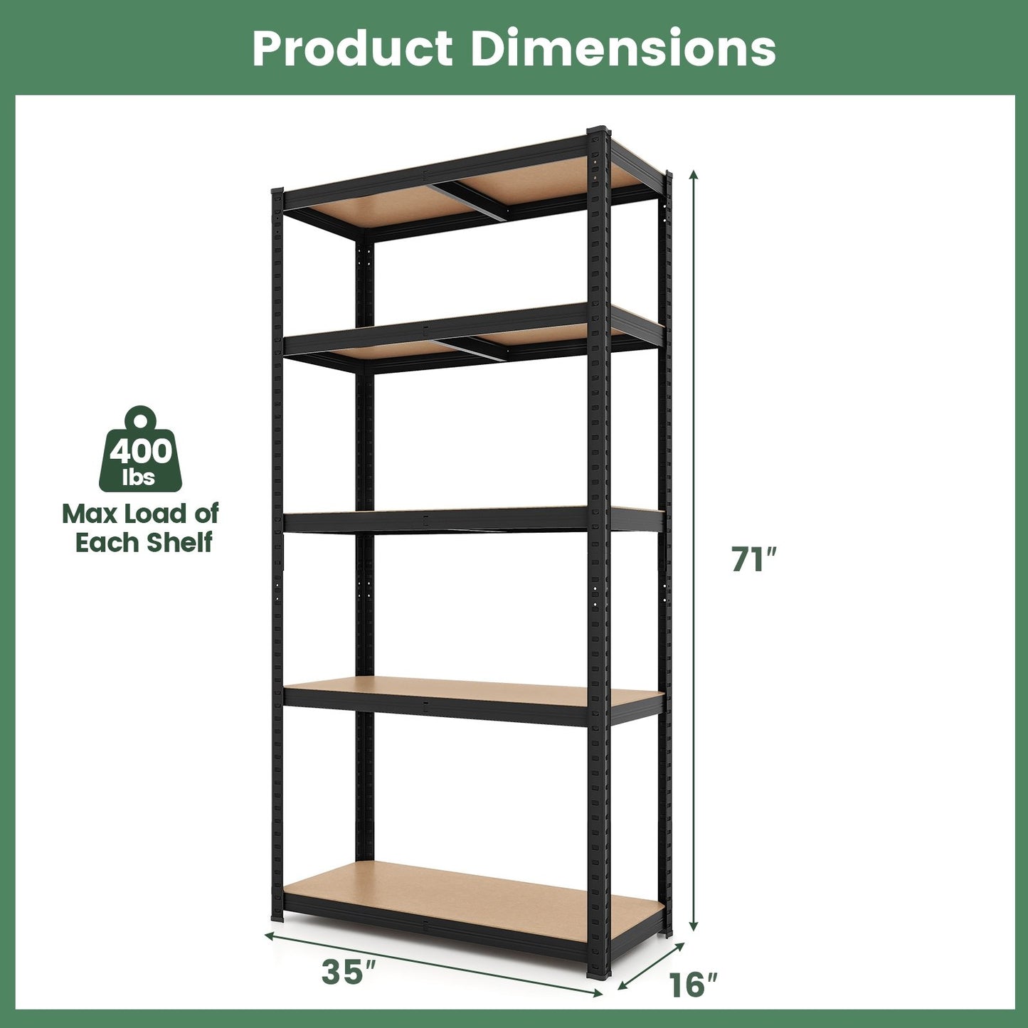 5-Tier Heavy Duty Metal Shelving Unit with 2000 LBS Total Load Capacity, Black