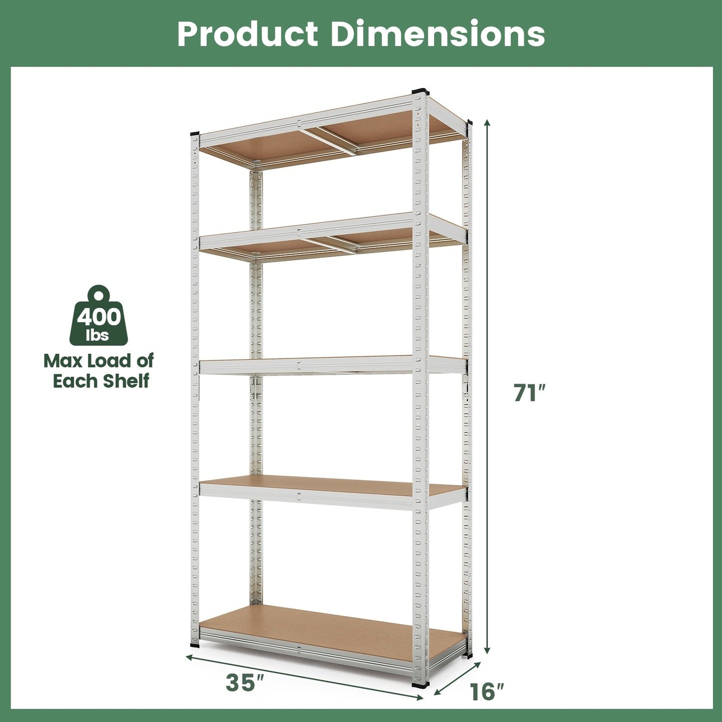 5-Tier Heavy Duty Metal Shelving Unit with 2000 LBS Total Load Capacity, Silver