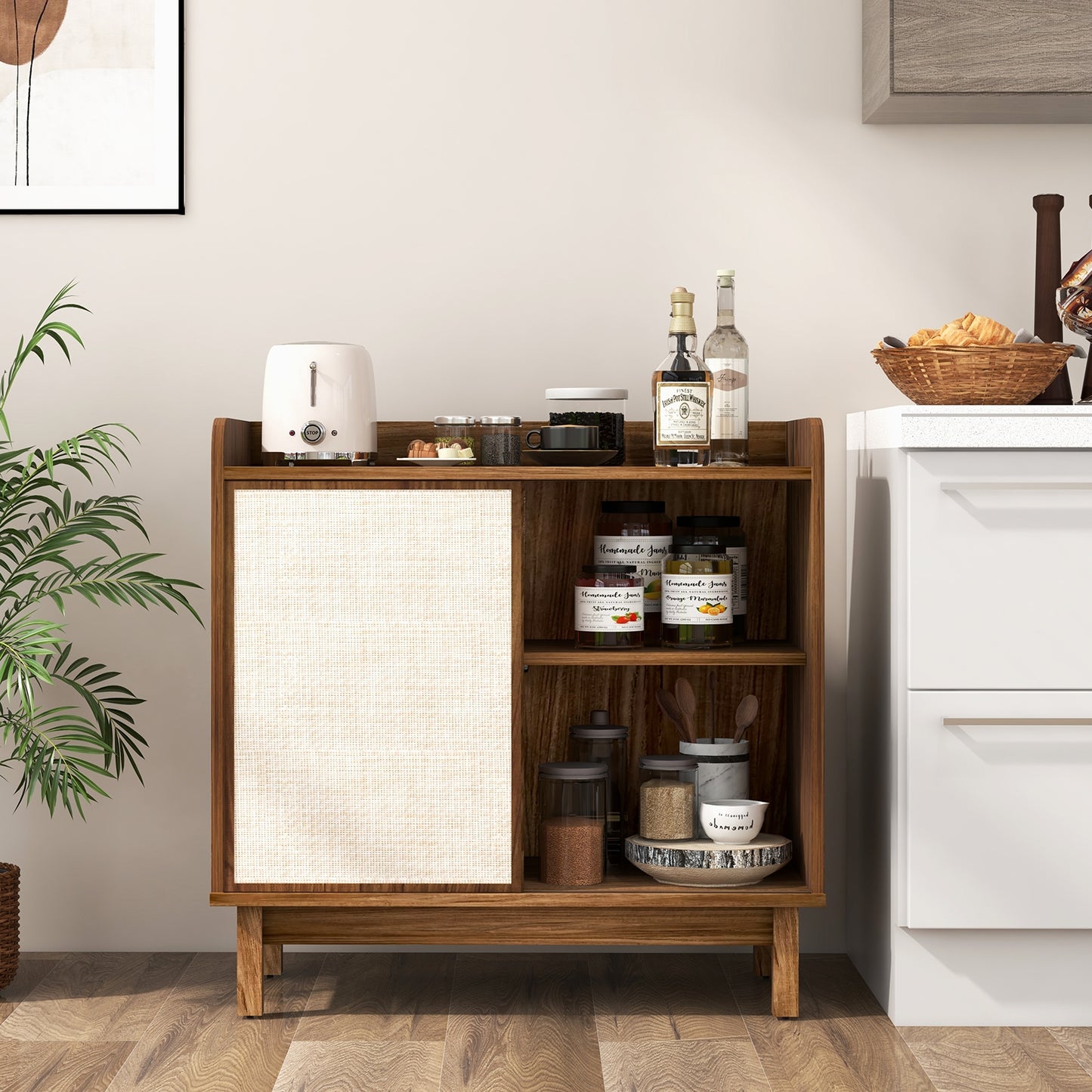 Rattan Buffet Sideboard Mid Century Floor Storage Cabinet with Sliding Door and Adjustable Shelves, Walnut Sideboards Cabinets & Buffets at Gallery Canada