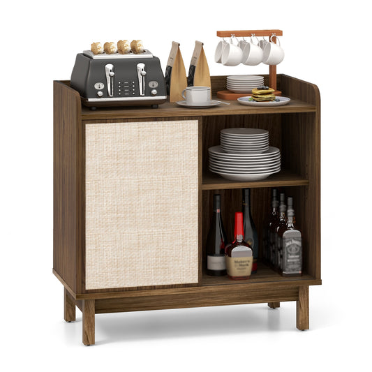 Rattan Buffet Sideboard Mid Century Floor Storage Cabinet with Sliding Door and Adjustable Shelves, Walnut Sideboards Cabinets & Buffets Walnut at Gallery Canada