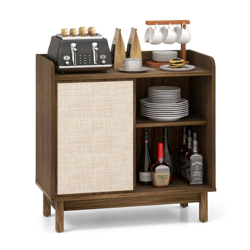 Rattan Buffet Sideboard, Mid Century Storage Cabinet, Walnut
