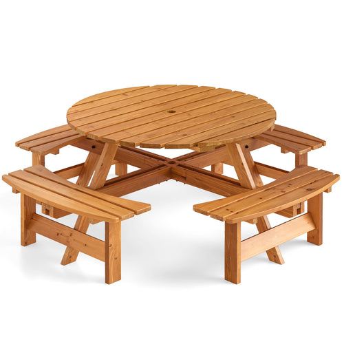 8-Person Round Picnic Table Set With Benches, Yellow