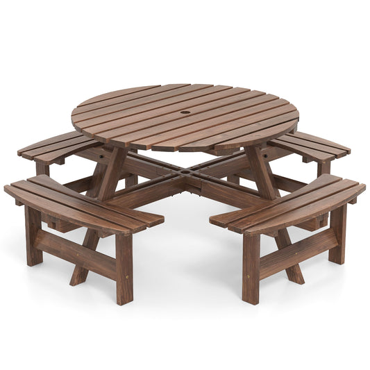 8-Person Round Picnic Table Set, With Benches, Brown