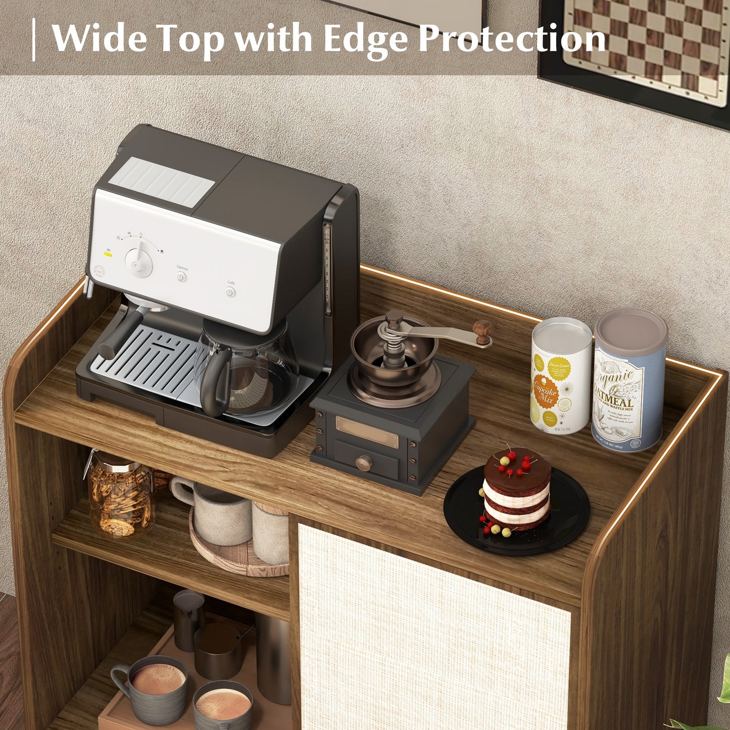 Rattan Buffet Sideboard Mid Century Floor Storage Cabinet with Sliding Door and Adjustable Shelves, Walnut Sideboards Cabinets & Buffets at Gallery Canada