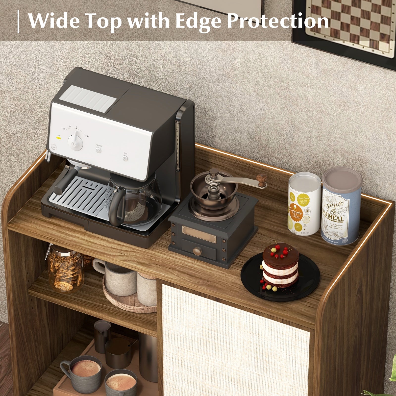 Rattan Buffet Sideboard Mid Century Floor Storage Cabinet with Sliding Door and Adjustable Shelves, Walnut Sideboards Cabinets & Buffets at Gallery Canada