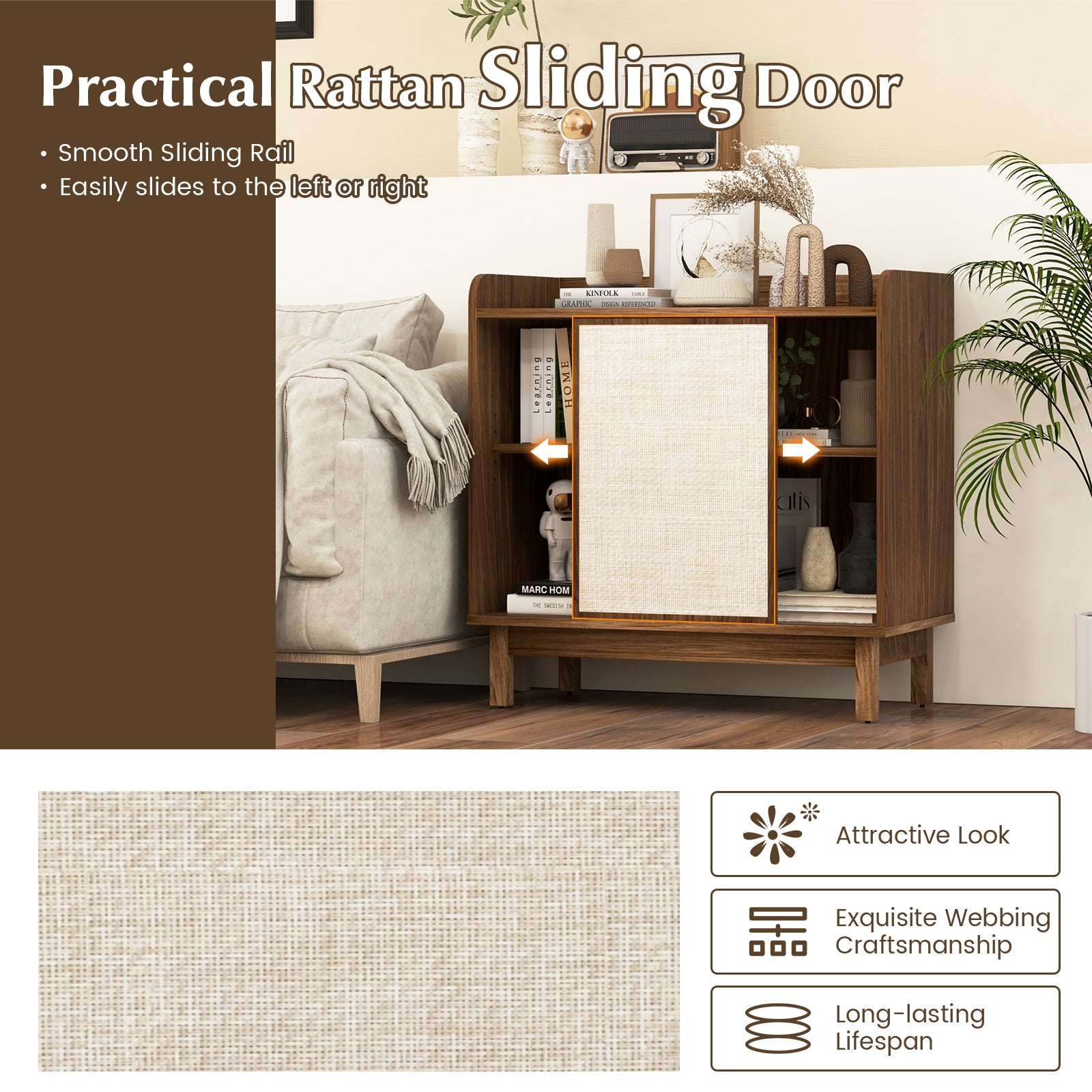 Rattan Buffet Sideboard Mid Century Floor Storage Cabinet with Sliding Door and Adjustable Shelves, Walnut Sideboards Cabinets & Buffets at Gallery Canada