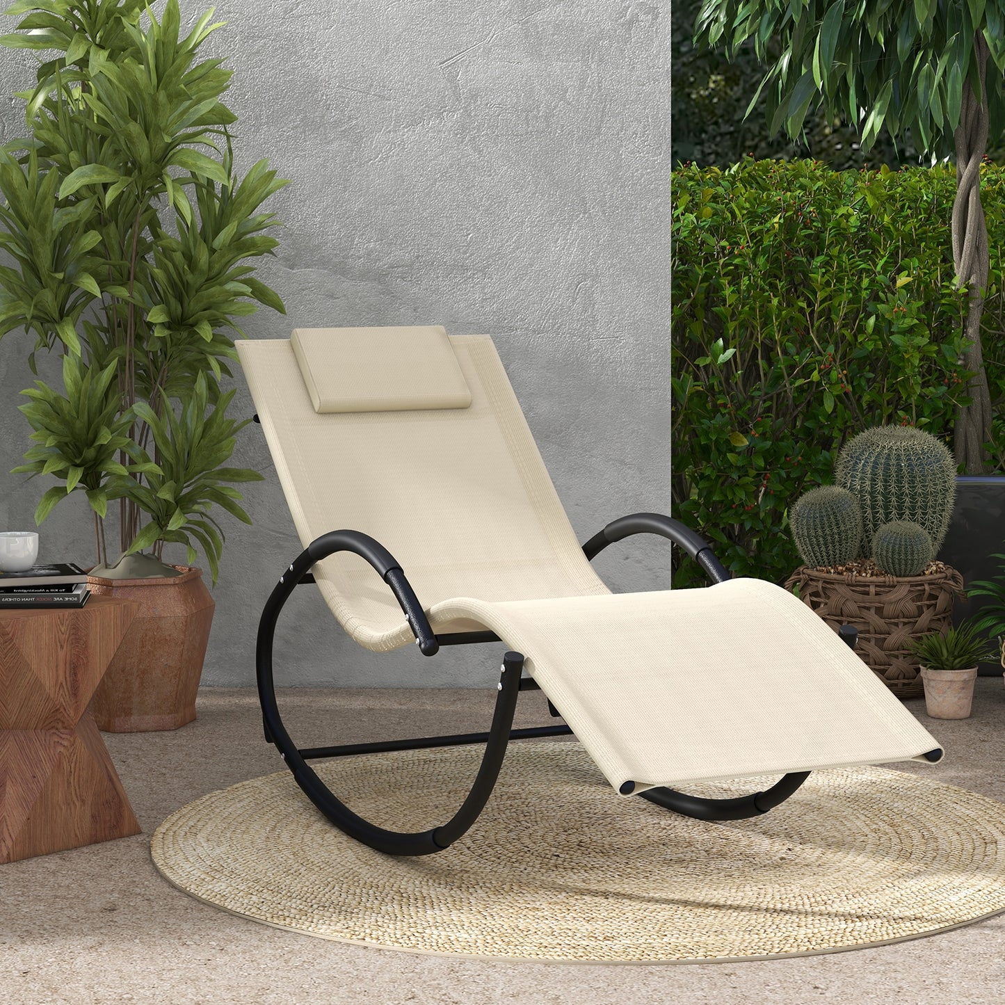 Outdoor Rocking Lounge Chair with Removable Headrest, Beige Patio Rocking Chairs & Gliders at Gallery Canada