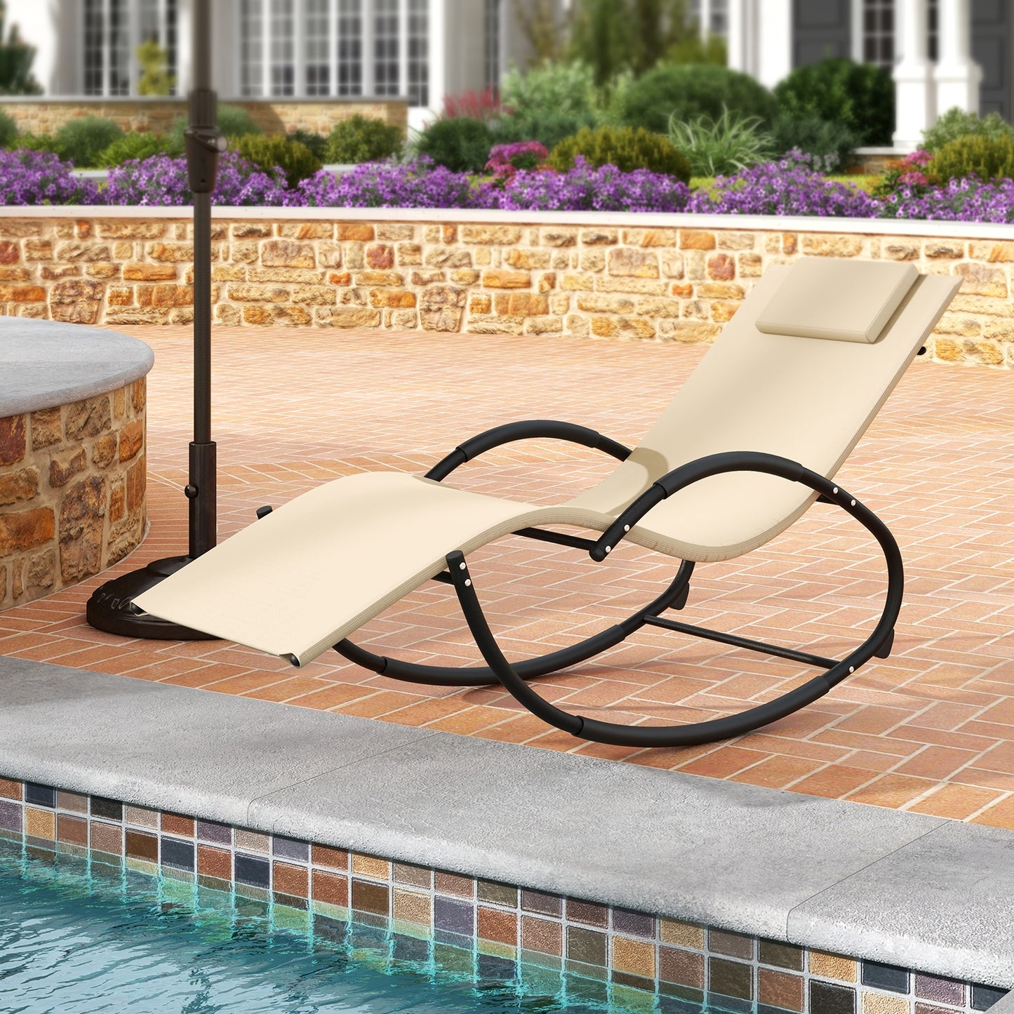 Outdoor Rocking Lounge Chair with Removable Headrest, Beige Patio Rocking Chairs & Gliders at Gallery Canada