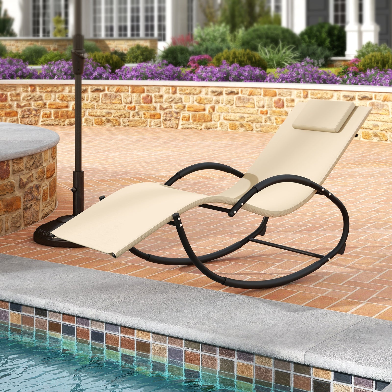 Outdoor Rocking Lounge Chair with Removable Headrest, Beige Patio Rocking Chairs & Gliders at Gallery Canada