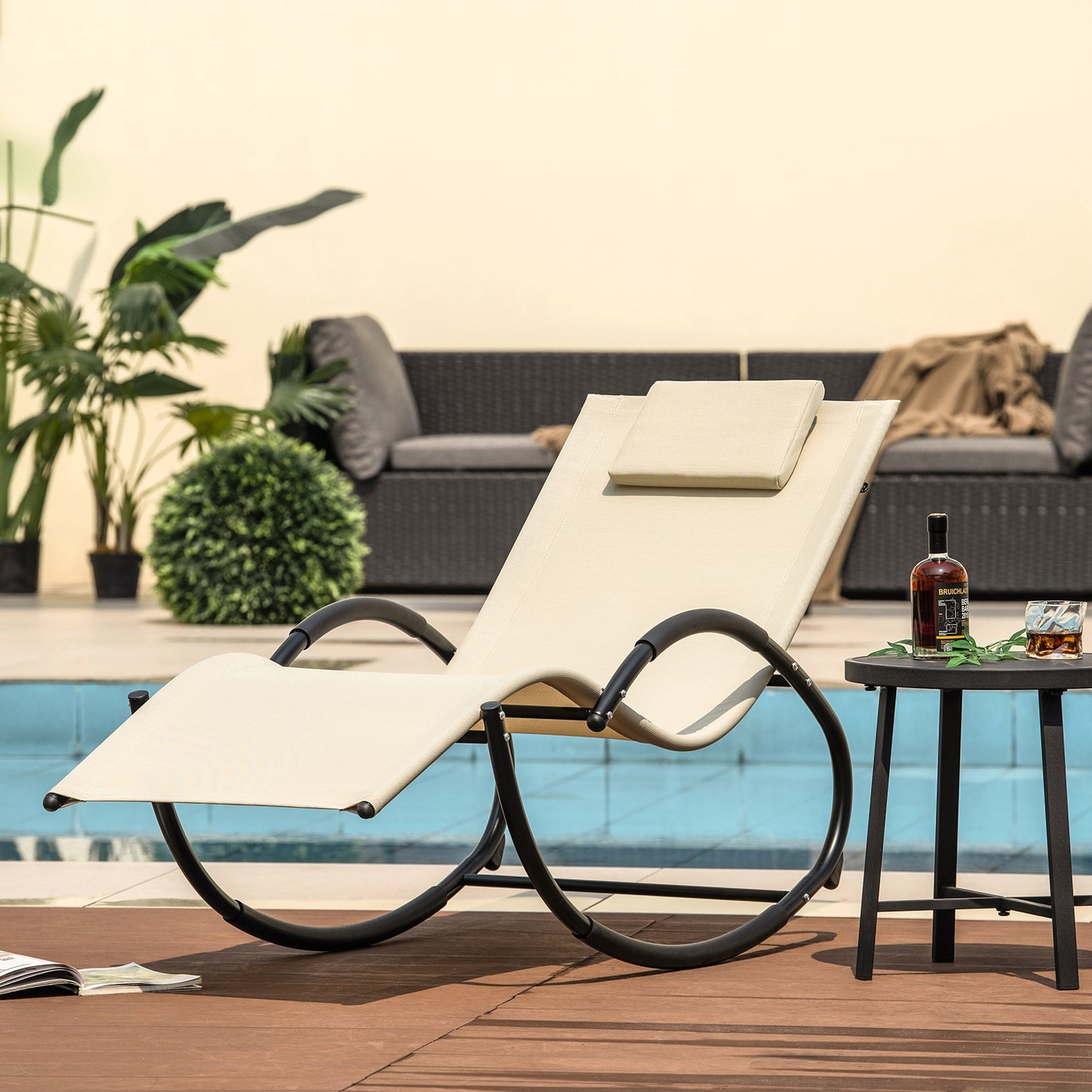 Outdoor Rocking Lounge Chair with Removable Headrest, Beige Patio Rocking Chairs & Gliders at Gallery Canada