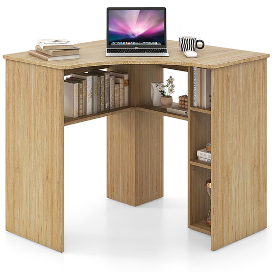 Corner Computer Desk Triangle Home Office Desk with Adjustable Shelf and Arc-Shaped Profile, Natural - Gallery Canada