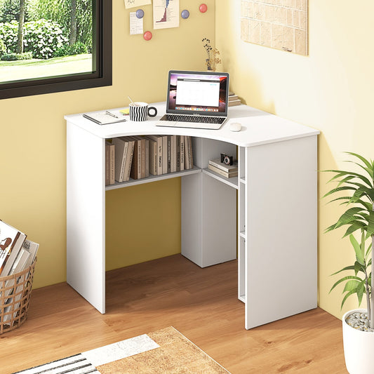 Corner Computer Desk Triangle Home Office Desk with Adjustable Shelf and Arc-Shaped Profile, White - Gallery Canada