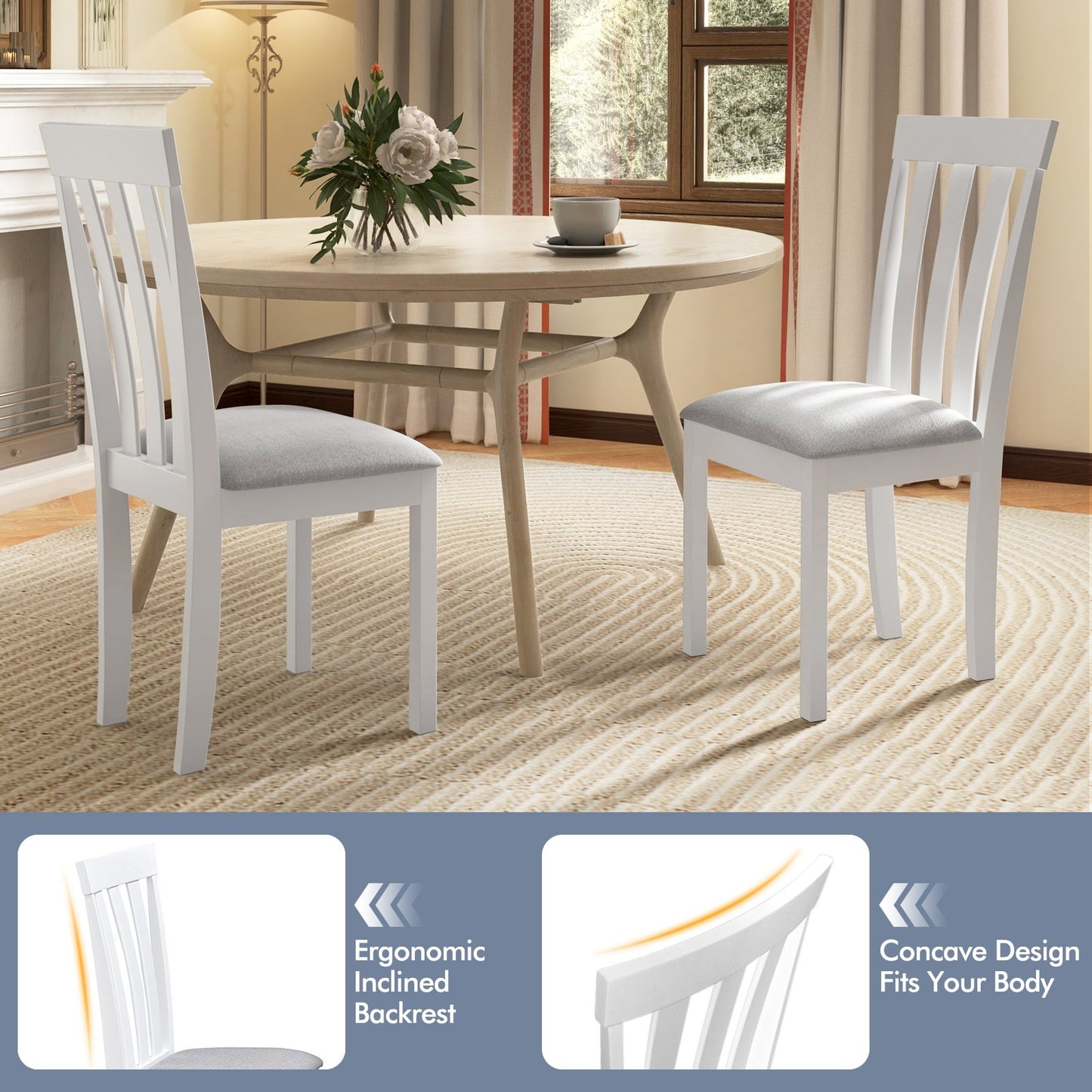Dining Chair Set of 2 Upholstered Wooden Kitchen Chairs with Padded Seat and Rubber Wood Frame, White - Gallery Canada