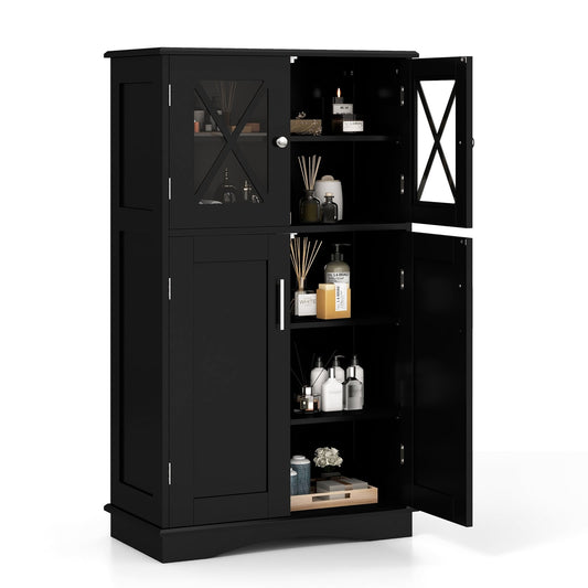 4 Door Freestanding Bathroom Floor Cabinet, Adjustable Shelves, Black