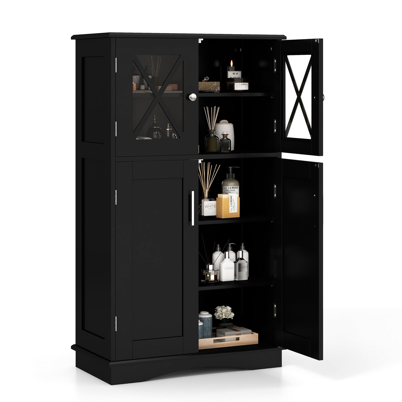 4 Doors Freeestanding Bathroom Floor Cabinet with Adjustable Shelves, Black Floor Cabinets Black at Gallery Canada