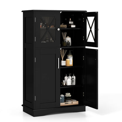 4 Doors Freeestanding Bathroom Floor Cabinet with Adjustable Shelves, Black Floor Cabinets Black at Gallery Canada