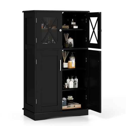 4 Doors Freeestanding Bathroom Floor Cabinet with Adjustable Shelves, Black