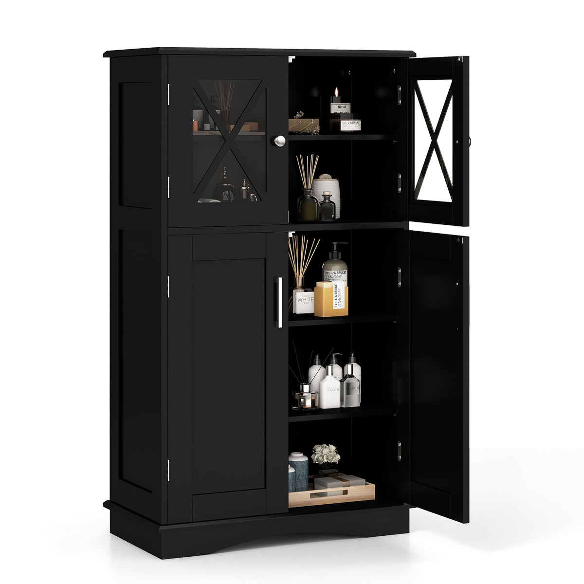 4 Door Freestanding Bathroom Floor Cabinet, Adjustable Shelves, Black Floor Cabinets at Gallery Canada