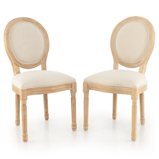 Rubber Wood Kitchen French Dining Chair Set of 2 with Sponge Padding and Round Backrest, Beige