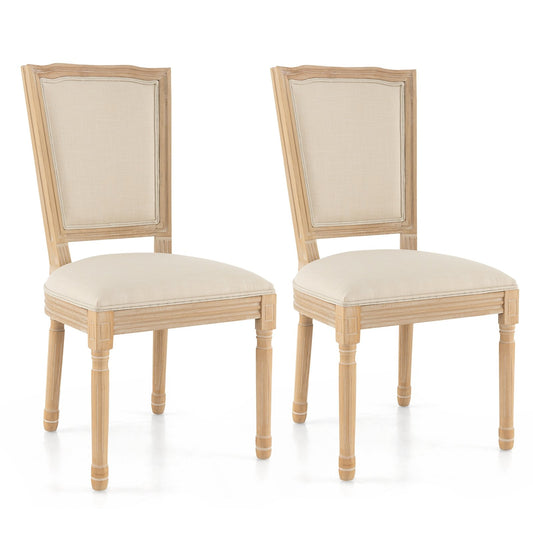 French Dining Chair Set of 2 with Rectangular Backrest and Solid Rubber Wood Frame, Beige