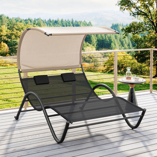 Outdoor Double Chaise Lounge Chair with Sunshade Canopy and Headrest Pillows, Black - Gallery Canada