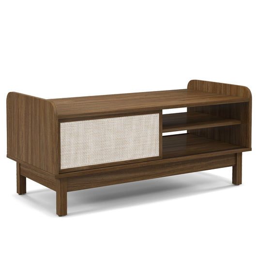 Mid-Century Center Table, Storage, Weaving Sliding Door, Adjustable Shelf, Walnut Entertainment Centers & TV Stands Walnut at Gallery Canada