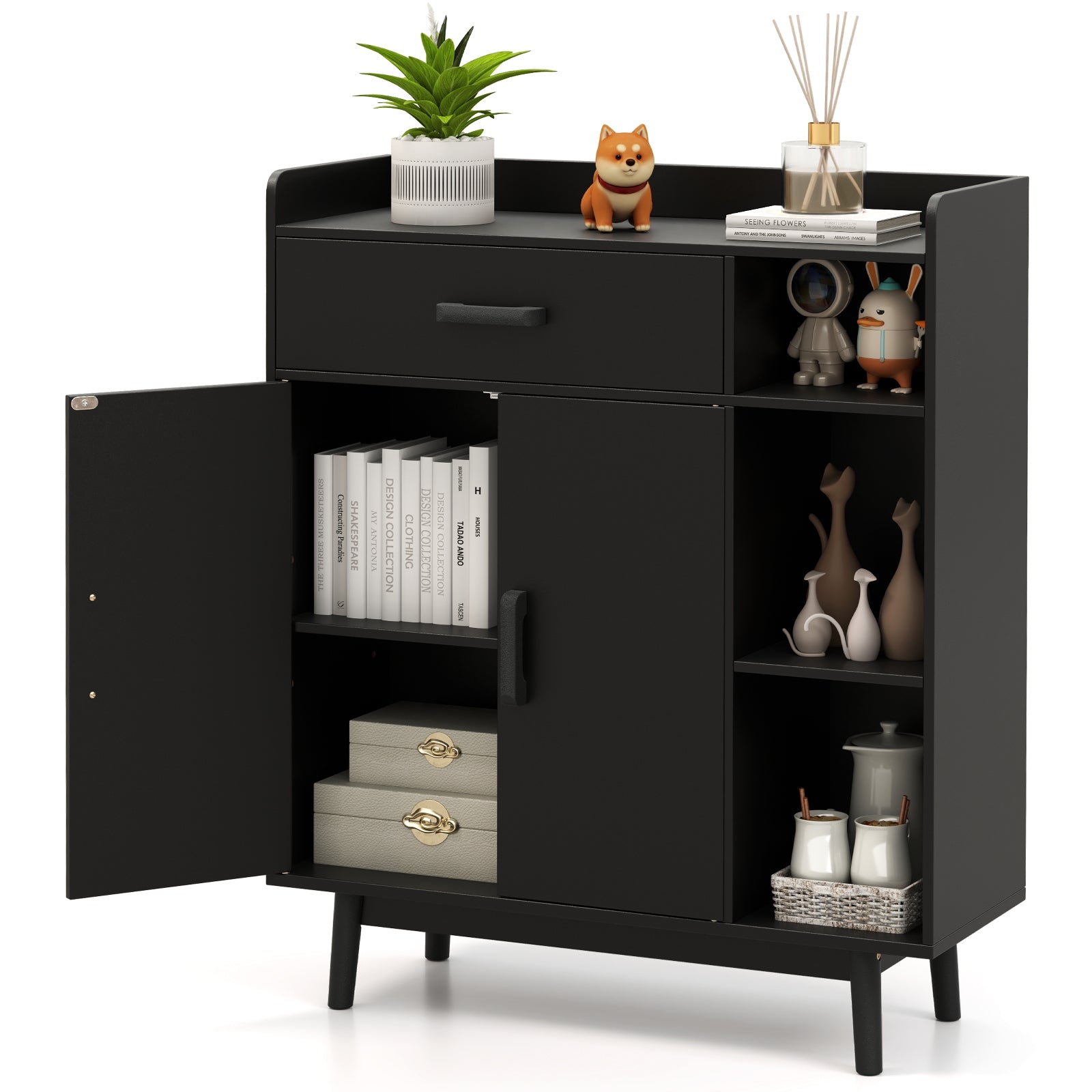 Floor Storage Cabinet Free Standing Cupboard Chest with 1 Drawer, Black Cabinets & Chests at Gallery Canada