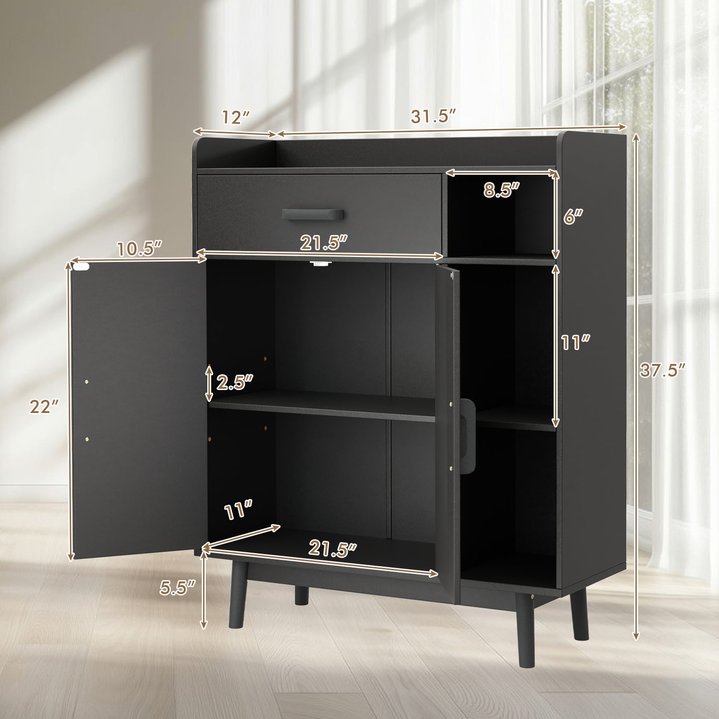 Floor Storage Cabinet Free Standing Cupboard Chest with 1 Drawer, Black Cabinets & Chests at Gallery Canada