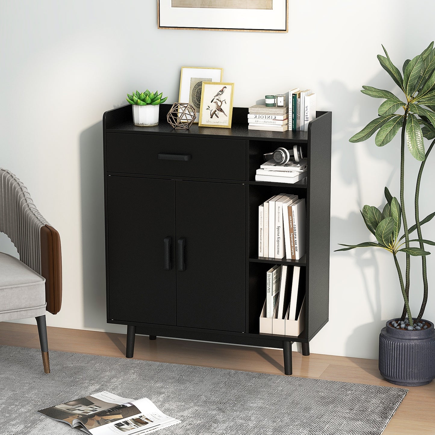 Floor Storage Cabinet Free Standing Cupboard Chest with 1 Drawer, Black Cabinets & Chests at Gallery Canada