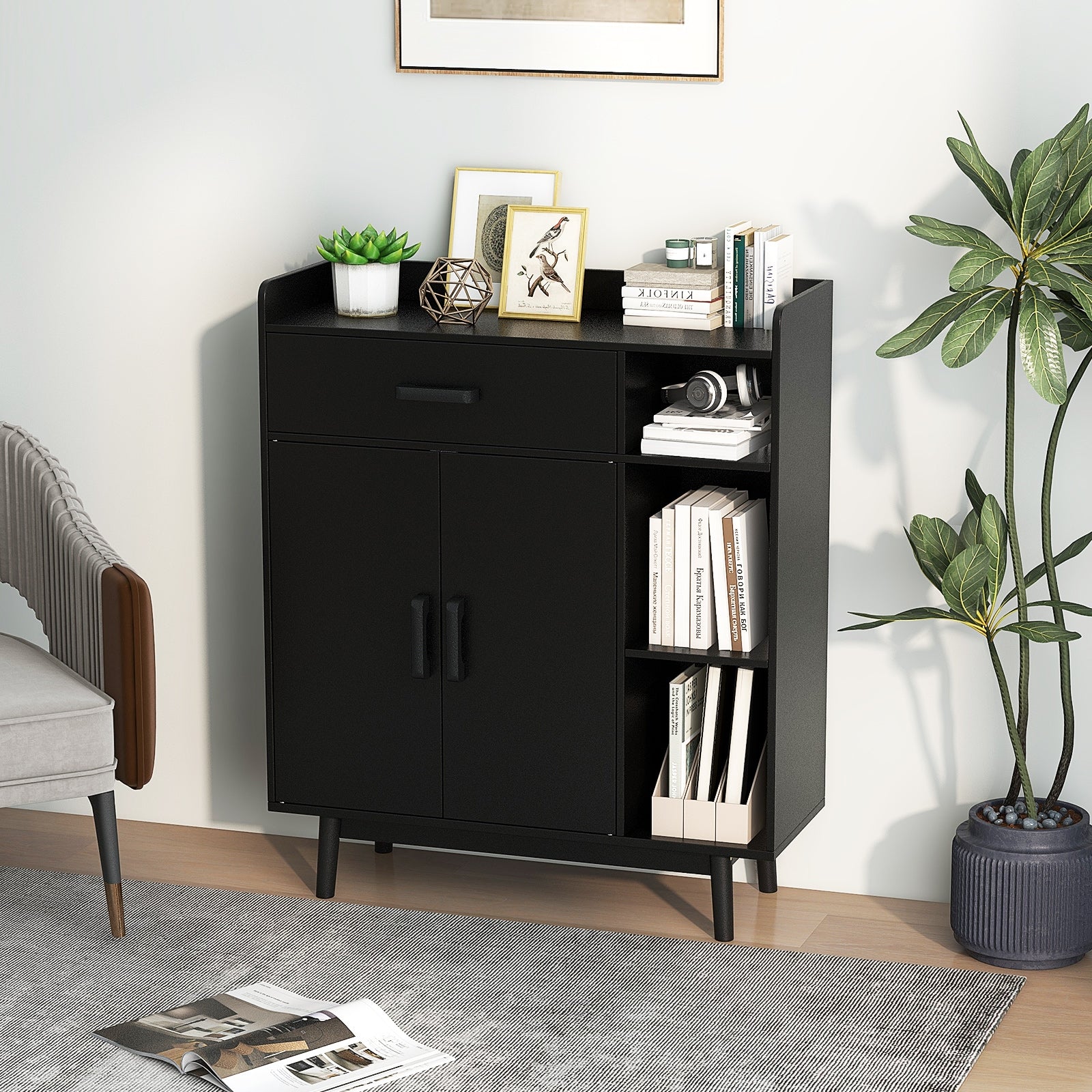 Floor Storage Cabinet Free Standing Cupboard Chest with 1 Drawer, Black Cabinets & Chests at Gallery Canada