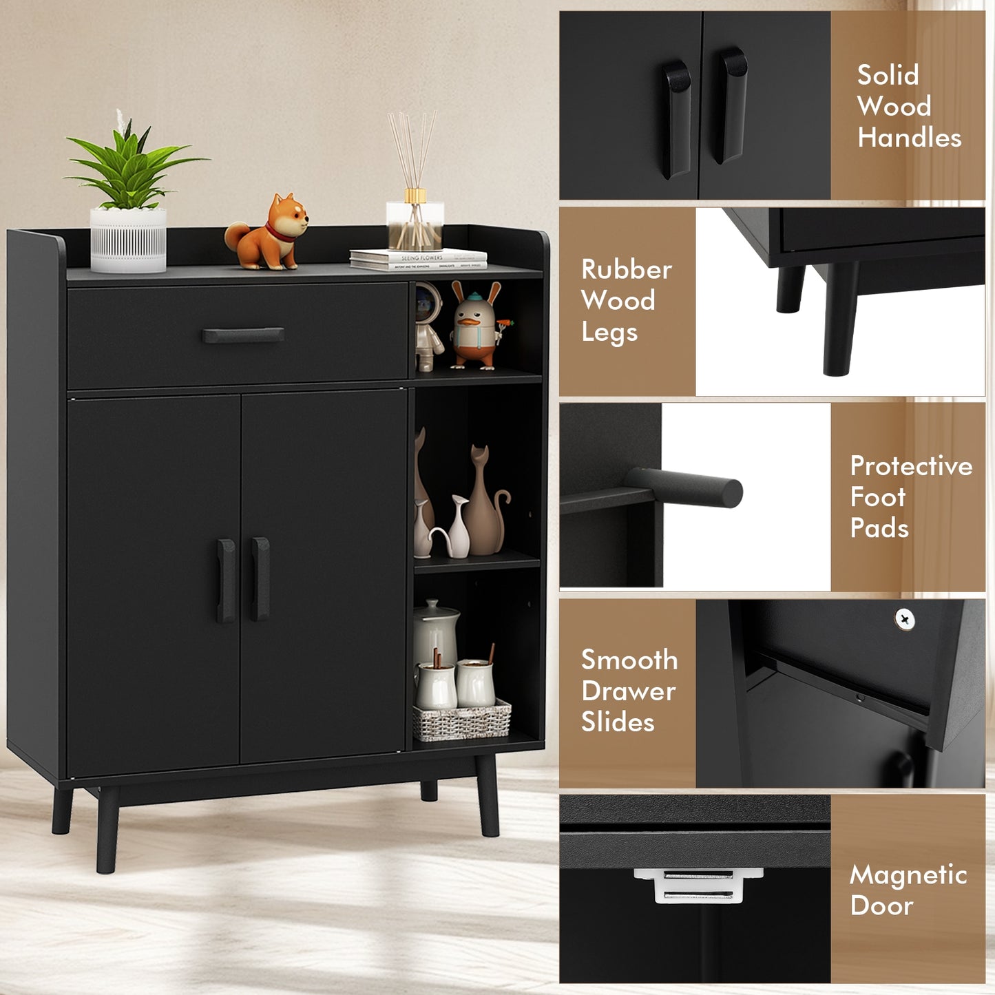 Floor Storage Cabinet Free Standing Cupboard Chest with 1 Drawer, Black Cabinets & Chests at Gallery Canada