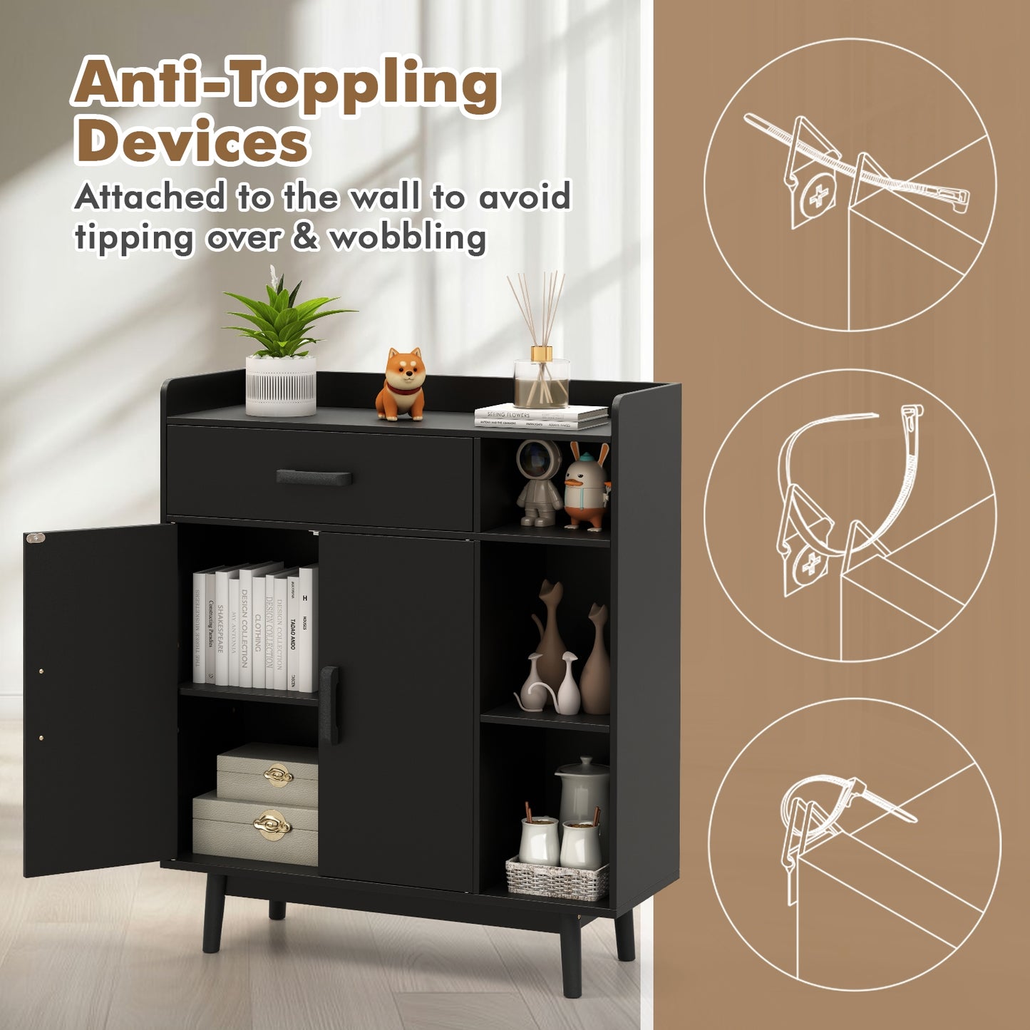 Floor Storage Cabinet Free Standing Cupboard Chest with 1 Drawer, Black Cabinets & Chests at Gallery Canada