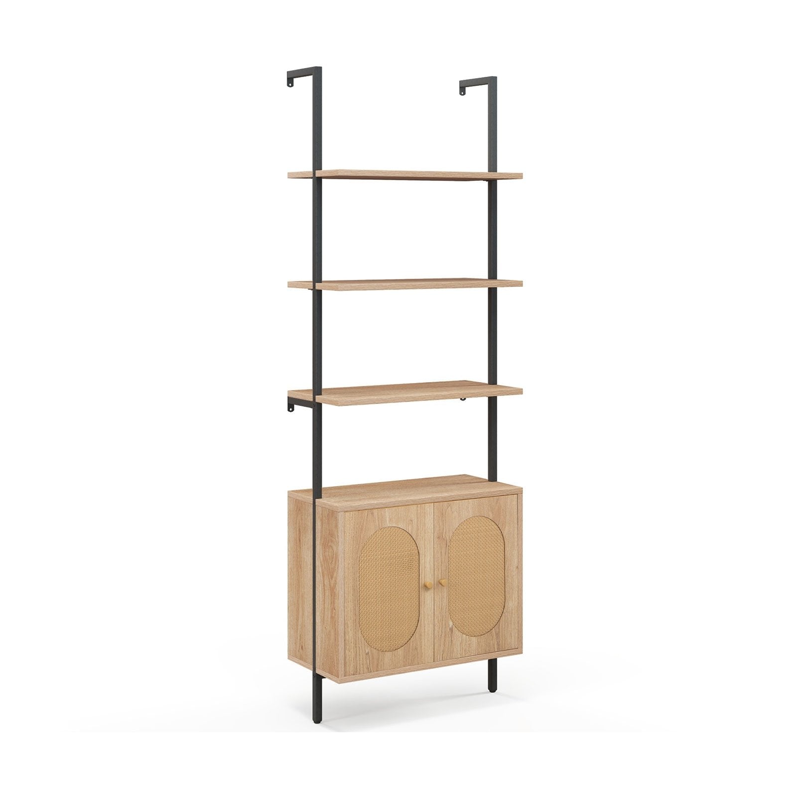 71 Inch 6-Tier Wall Mounted Ladder Bookshelf with Rattan Cabinet, Natural - Gallery Canada