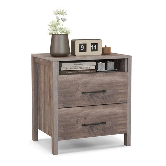Nightstand With 2 Drawers, Farmhouse Bedside Table, Open Storage Shelf, Gray