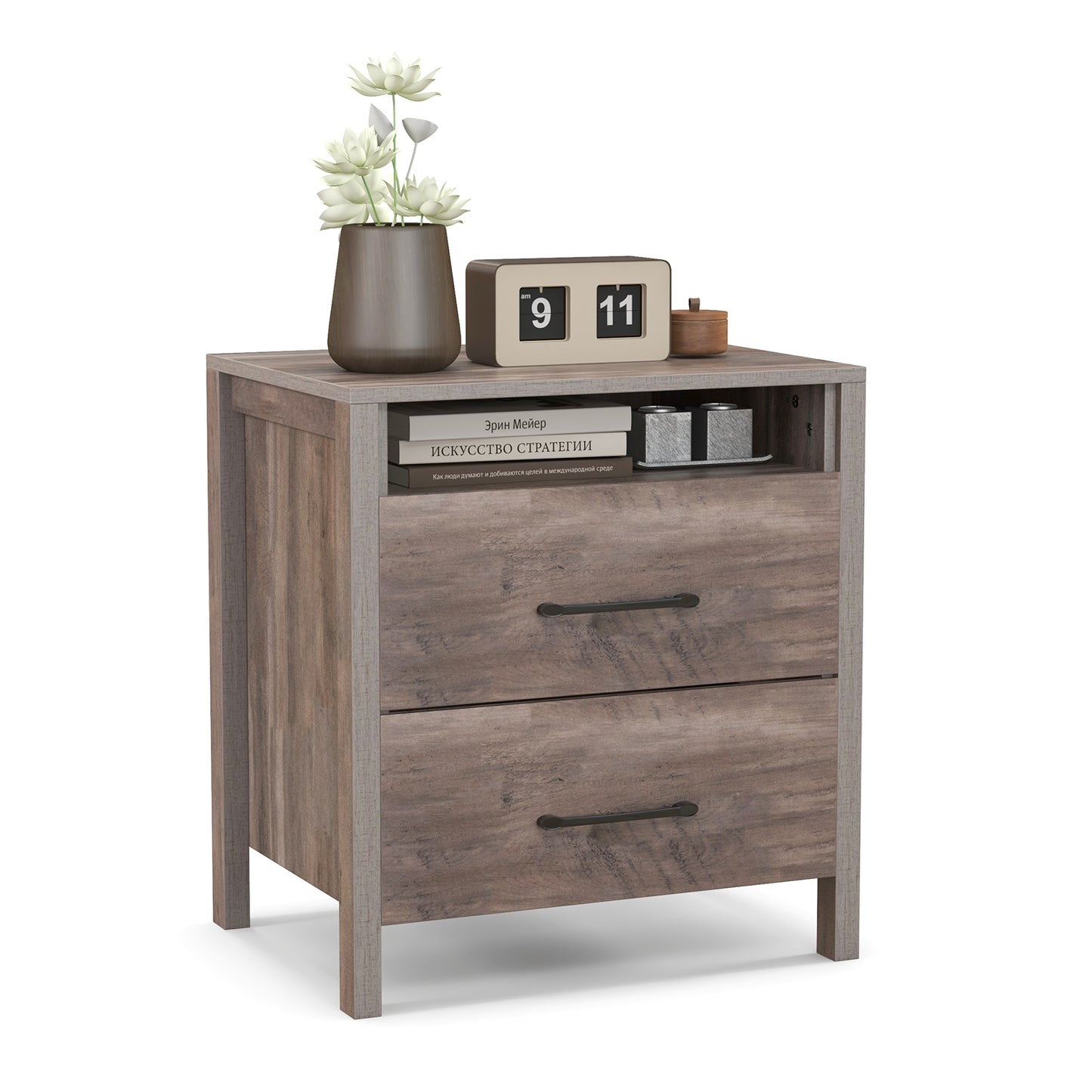 Nightstand With 2 Drawers, Farmhouse Bedside Table, Open Storage Shelf, Gray Nightstands at Gallery Canada