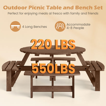 8-Person Round Picnic Table Set, With Benches, Brown