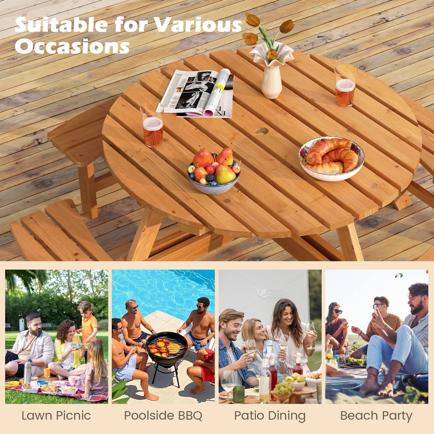 8-Person Round Picnic Table Set Circular Patio Dining Camping Table with Benches, Yellow Picnic Tables at Gallery Canada