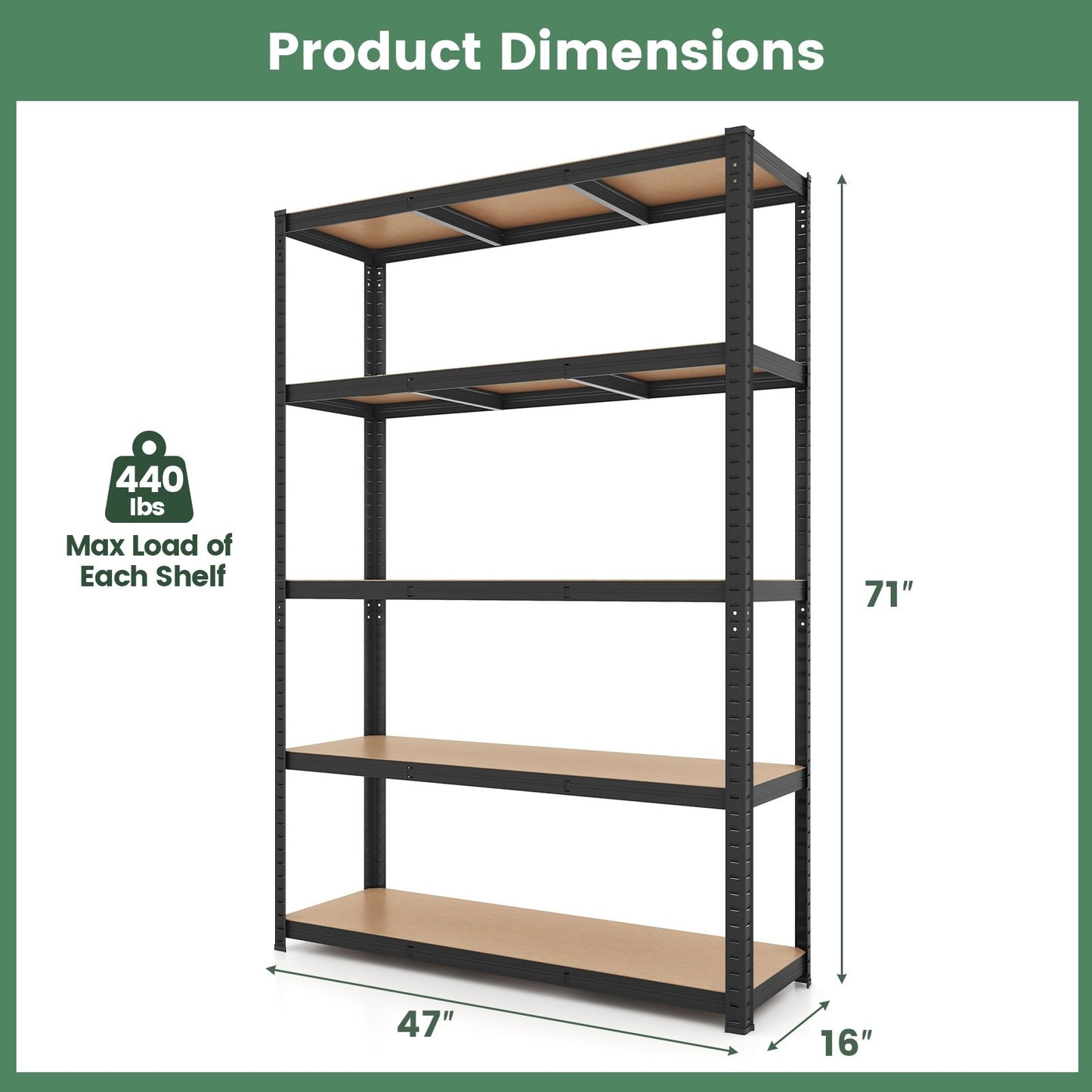 5-Tier Heavy Duty Metal Shelving Unit with 2200 LBS Total Load Capacity, Black - Gallery Canada