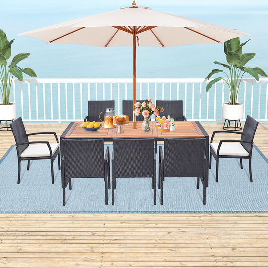 9 Pieces Patio Rattan Dining Set with Acacia Wood Table for Backyard Garden-L-shaped Handrail, Brown Patio Furniture Sets Mix Brown, Off White at Gallery Canada