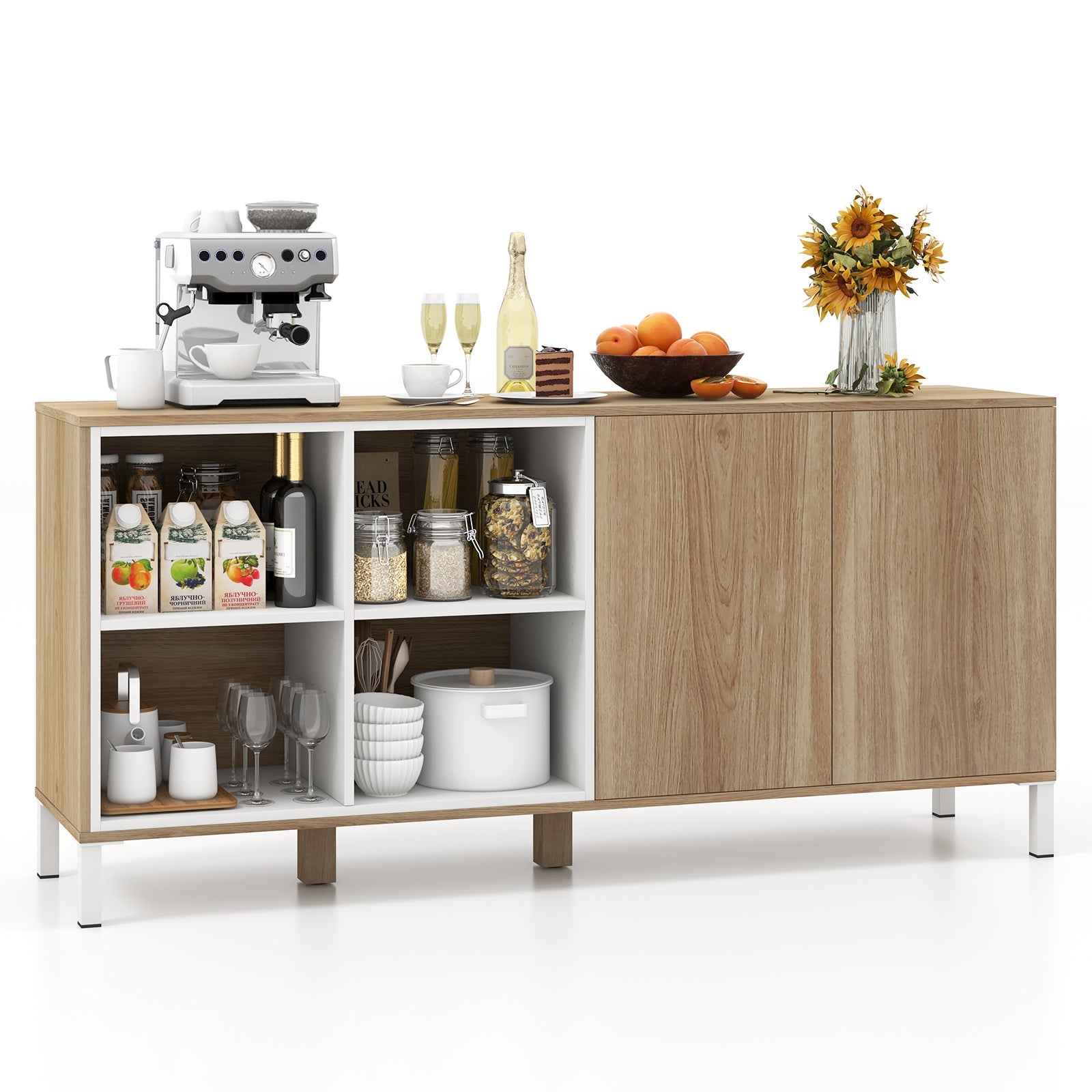 63 Inches Buffet Sideboard with 4 Compartments and Push-to-Open Cabinet, Natural Sideboards Cabinets & Buffets at Gallery Canada
