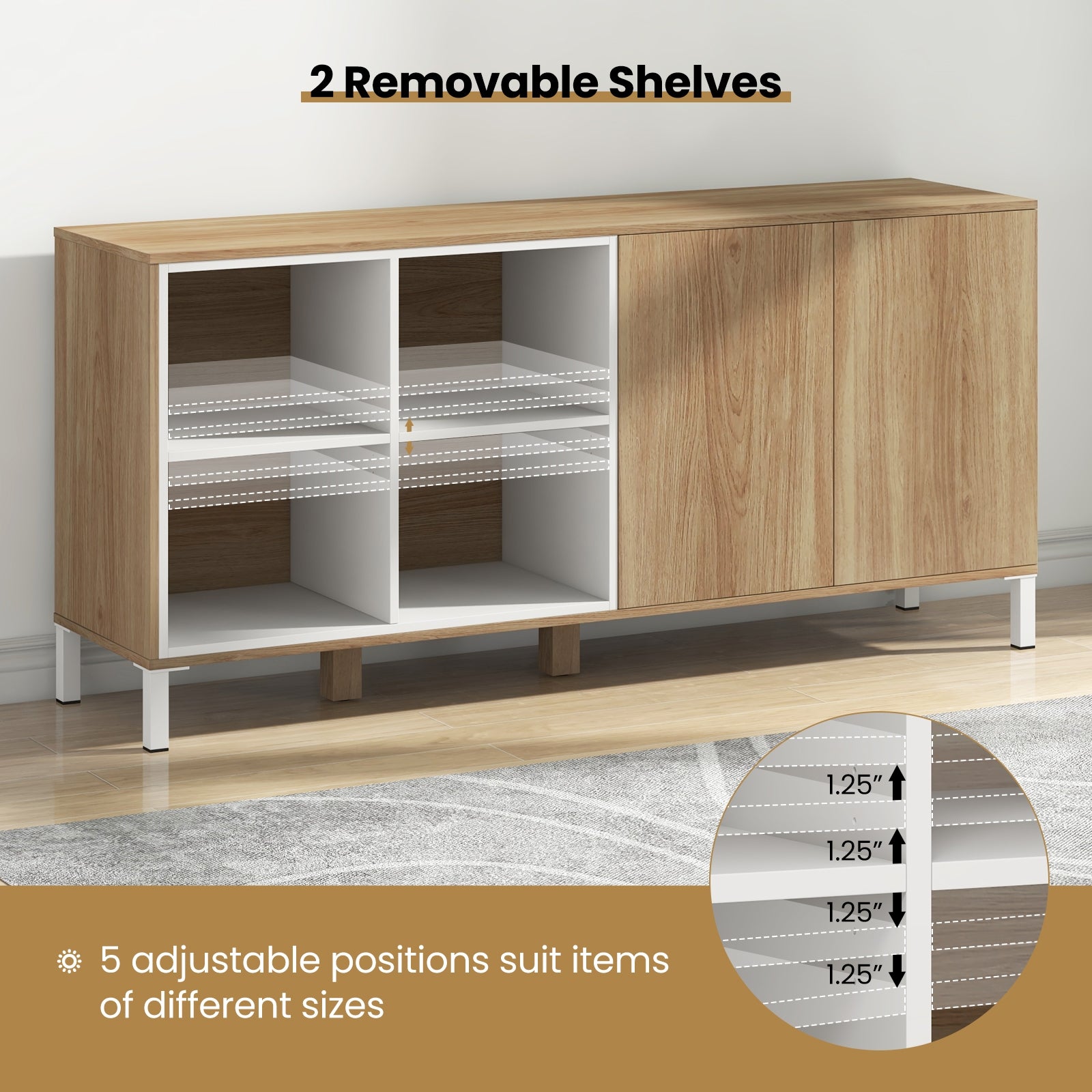 63 Inches Buffet Sideboard with 4 Compartments and Push-to-Open Cabinet, Natural Sideboards Cabinets & Buffets at Gallery Canada