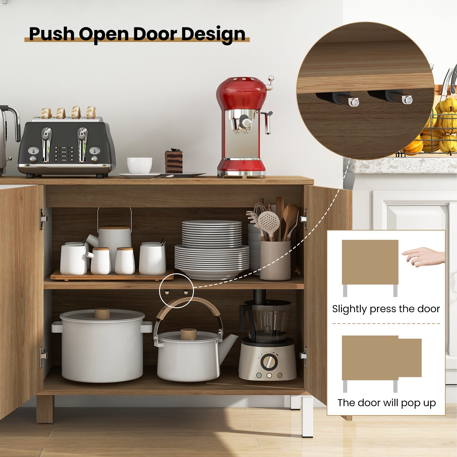 63 Inches Buffet Sideboard with 4 Compartments and Push-to-Open Cabinet, Natural Sideboards Cabinets & Buffets at Gallery Canada